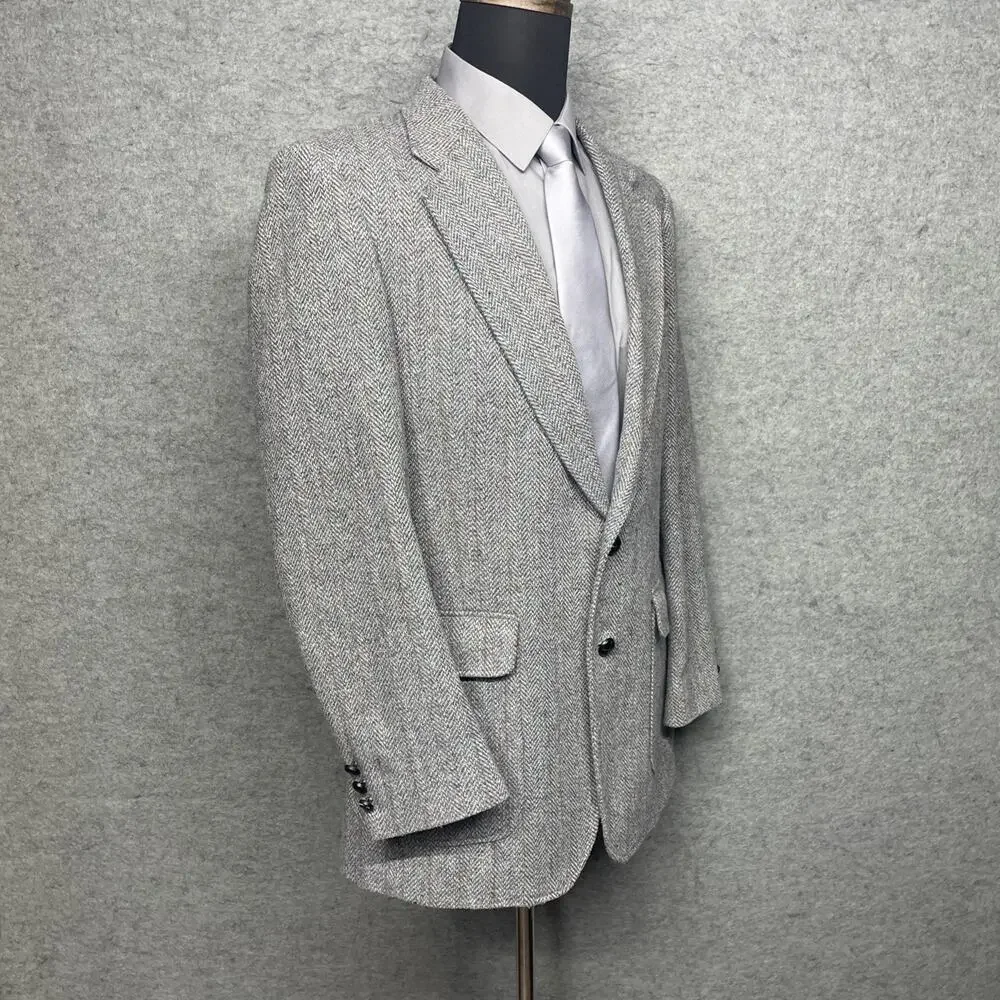 Vintage Rogers Aristocrat 42L Gray Herringbone Tweed Sport Coat Blazer 2 Btn